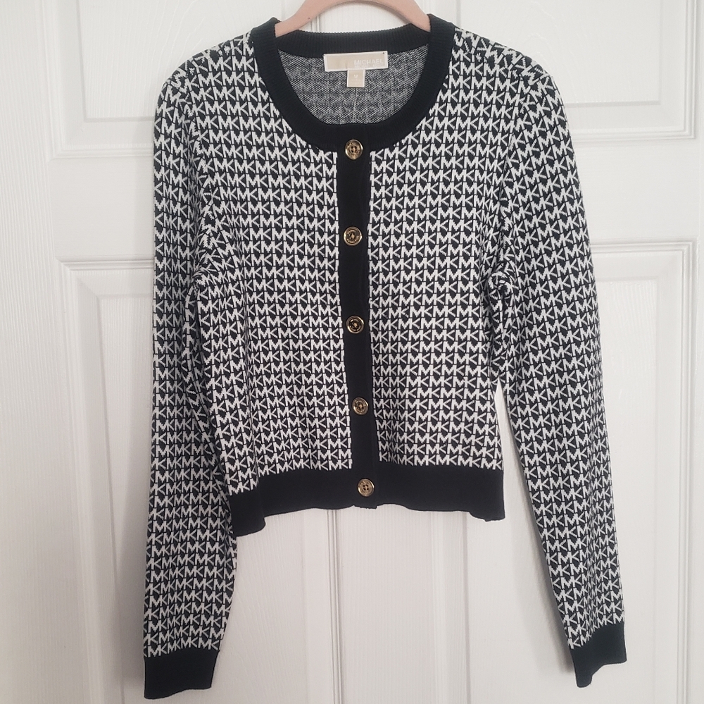 Michael kors medium cardigan logo initial sweater black white nwt